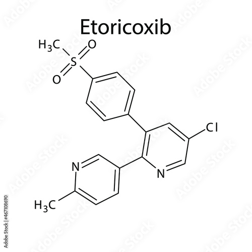 Etoricoxib molecular structure, flat skeletal chemical formula. NSAID drug used to treat pain, rheumatoid arthritis, ankylosing spondylitis, osteoarthritis. Vector illustration.