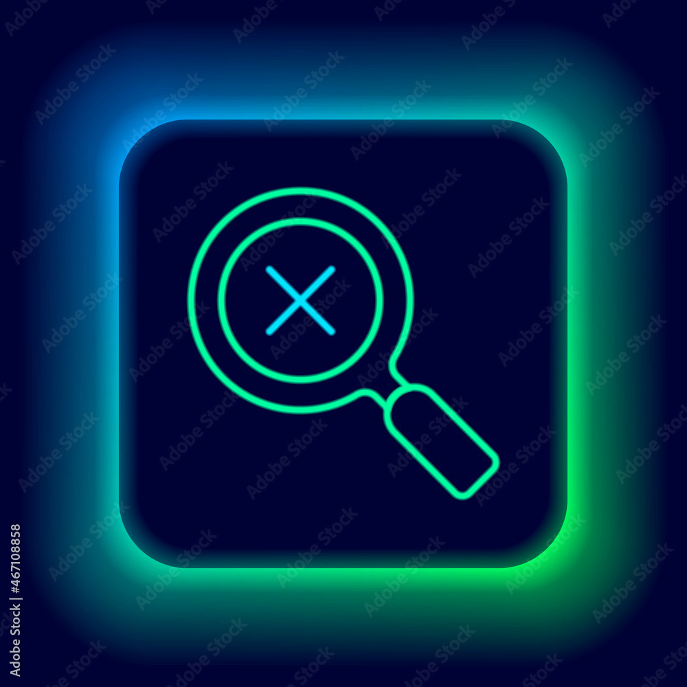 Glowing neon line Magnifying glass and delete icon isolated on black background. Search, focus, zoom, business symbol. Colorful outline concept. Vector Glowing neon line Magnifying glass and delete icon isolated on black background. Search, focus, zoom, business symbol. Colorful outline concept. Vector