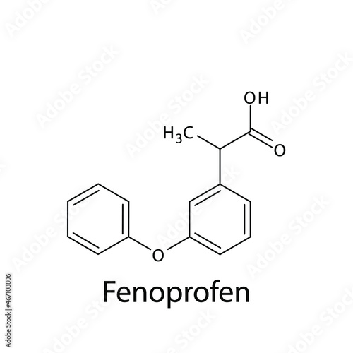Fenoprofen molecular structure, flat skeletal chemical formula. NSAID drug used to treat pain, rheumatoid arthritis, osteoarthritis. Vector illustration.
