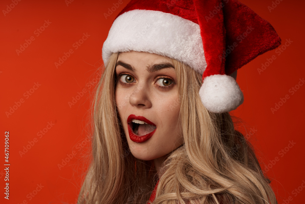 cheerful woman new year santa hat holiday model cheerful woman new year santa hat holiday model
