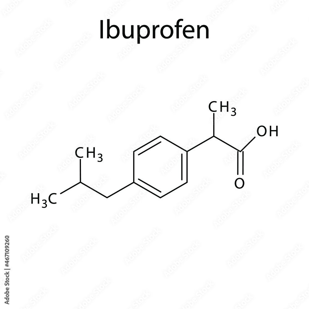 Ibuprofen molecular structure, flat skeletal chemical formula. NSAID drug used to treat pain, headache, dental pain. Vector illustration.