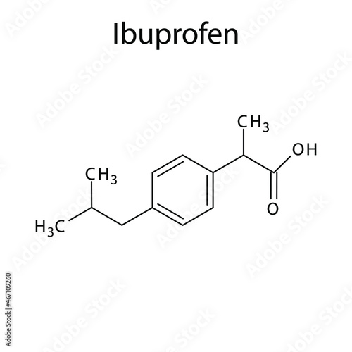 Ibuprofen molecular structure, flat skeletal chemical formula. NSAID drug used to treat pain, headache, dental pain. Vector illustration.