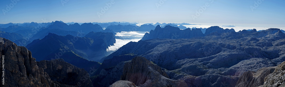 Sunny day on dolomites,  hiking in summer through altopiano della rosetta