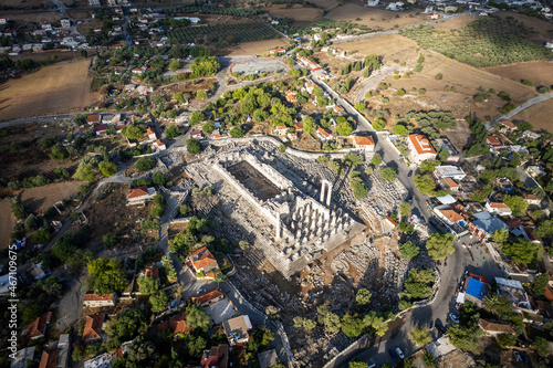  Drone shot of Great Temple of Apollo in the ancient Didyma in Present Didim, Aydin, Turkey