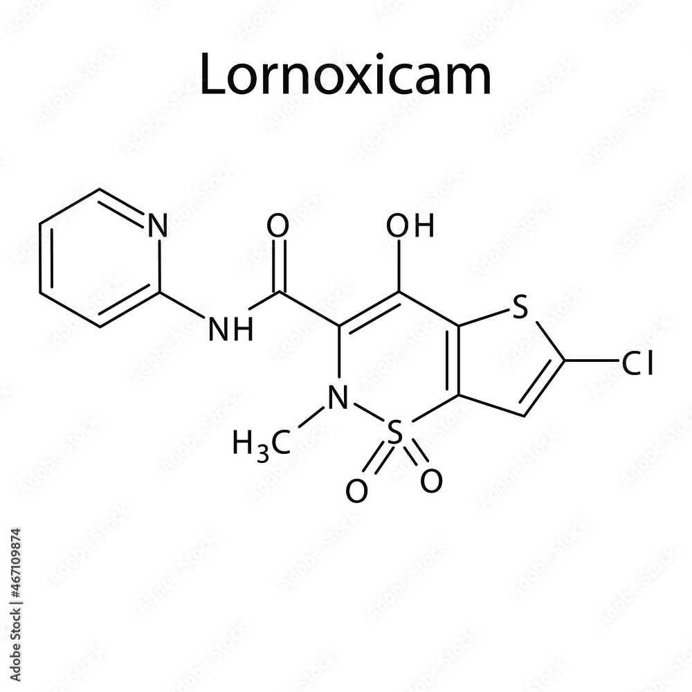 Lornoxicam molecular structure, flat skeletal chemical formula. NSAID drug used to treat rheumatoid arthritis, osteoarthritis, pain. Vector illustration. Lornoxicam molecular structure, flat skeletal chemical formula. NSAID drug used to treat rheumatoid arthritis, osteoarthritis, pain. Vector illustration.