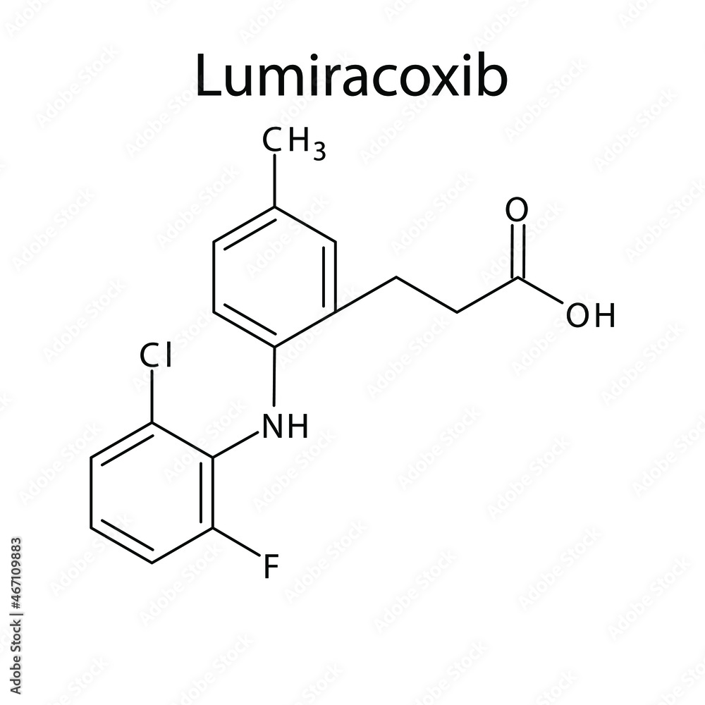 Lumiracoxib molecular structure, flat skeletal chemical formula. NSAID drug used to treat . Vector illustration. Lumiracoxib molecular structure, flat skeletal chemical formula. NSAID drug used to treat . Vector illustration.