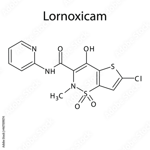 Lornoxicam molecular structure, flat skeletal chemical formula. NSAID drug used to treat rheumatoid arthritis, osteoarthritis, pain. Vector illustration.