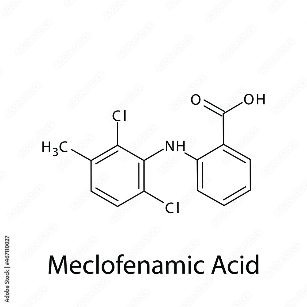 Meclofenamic acid molecular structure, flat skeletal chemical formula. NSAID drug used to treat dysmenorrhea, pain, rheumatoid arthritis, migraine. Vector illustration.