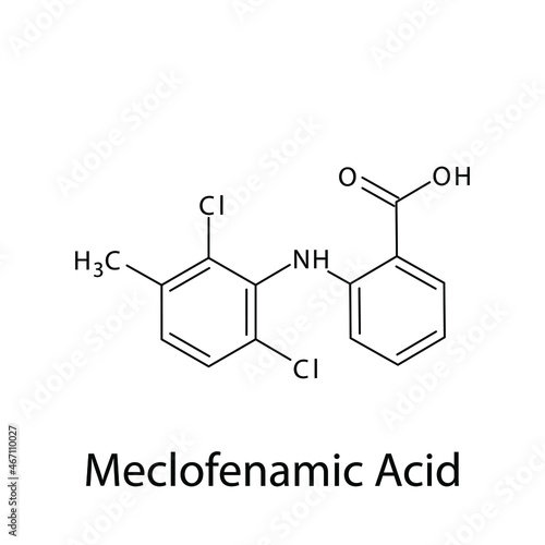 Meclofenamic acid molecular structure, flat skeletal chemical formula. NSAID drug used to treat dysmenorrhea, pain, rheumatoid arthritis, migraine. Vector illustration.