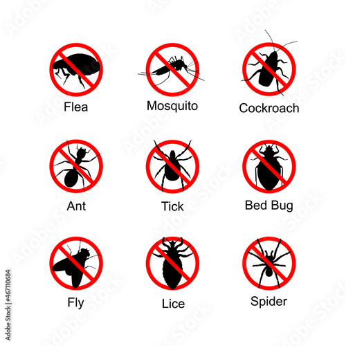 Anti bug symbol icon of flea, ant,fly, mosquito, tick, lice, cockroach, bed bug, spider