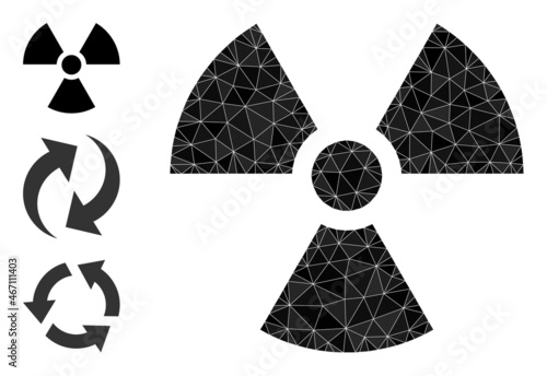 lowpoly radioactivity icon, and bonus icons. Polygonal radioactivity vector constructed with chaotic triangles. Flat geometric 2d modeling illustration is designed by radioactivity icon.
