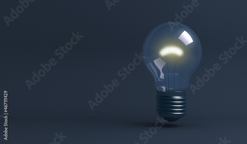 One lightbulb that shines as a concept on dark blue background, 3d rendering
