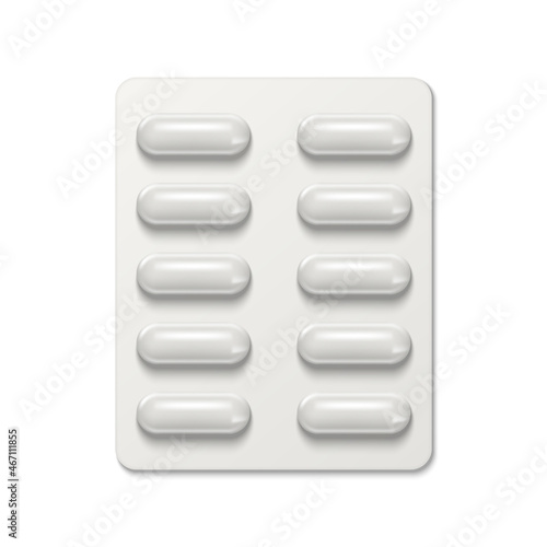Capsule pills in blister pack. Twelve tablets in an opaque package. Vector illustration.