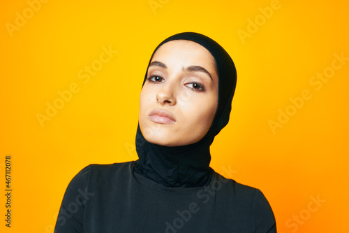 arab woman fun ethnicity model posing emotions yellow background