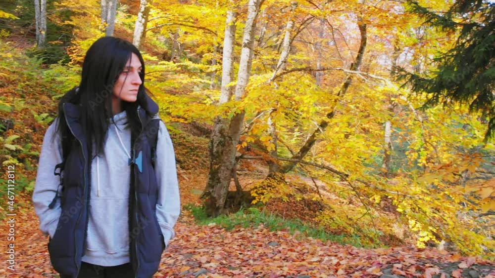 Young attractive woman standing in fall nature in casual clothes . Contemplation, inner harmony, mental health concept. 4k, slow motion Young attractive woman standing in fall nature in casual clothes . Contemplation, inner harmony, mental health concept. 4k, slow motion
