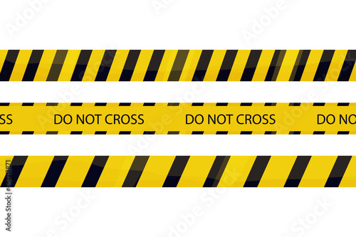 Barricade tape, warning yellow line with stripes, do not cross in cartoon style isolated on white background. Crime accident area, barrier zone. Vector illustration