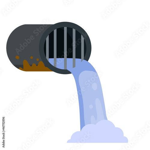 Pipe with water. Drainage system. Water supply and sewerage. Industrial drain. Flat cartoon illustration isolated on white background