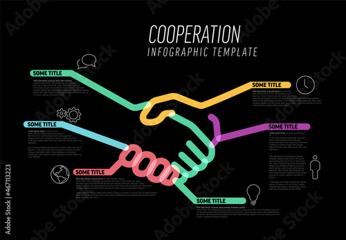 Black Infographic cooperation template made from lines and icons with handshake