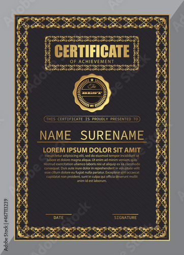 Certificate Design. Diploma currency border template. Dark colored gift voucher award background