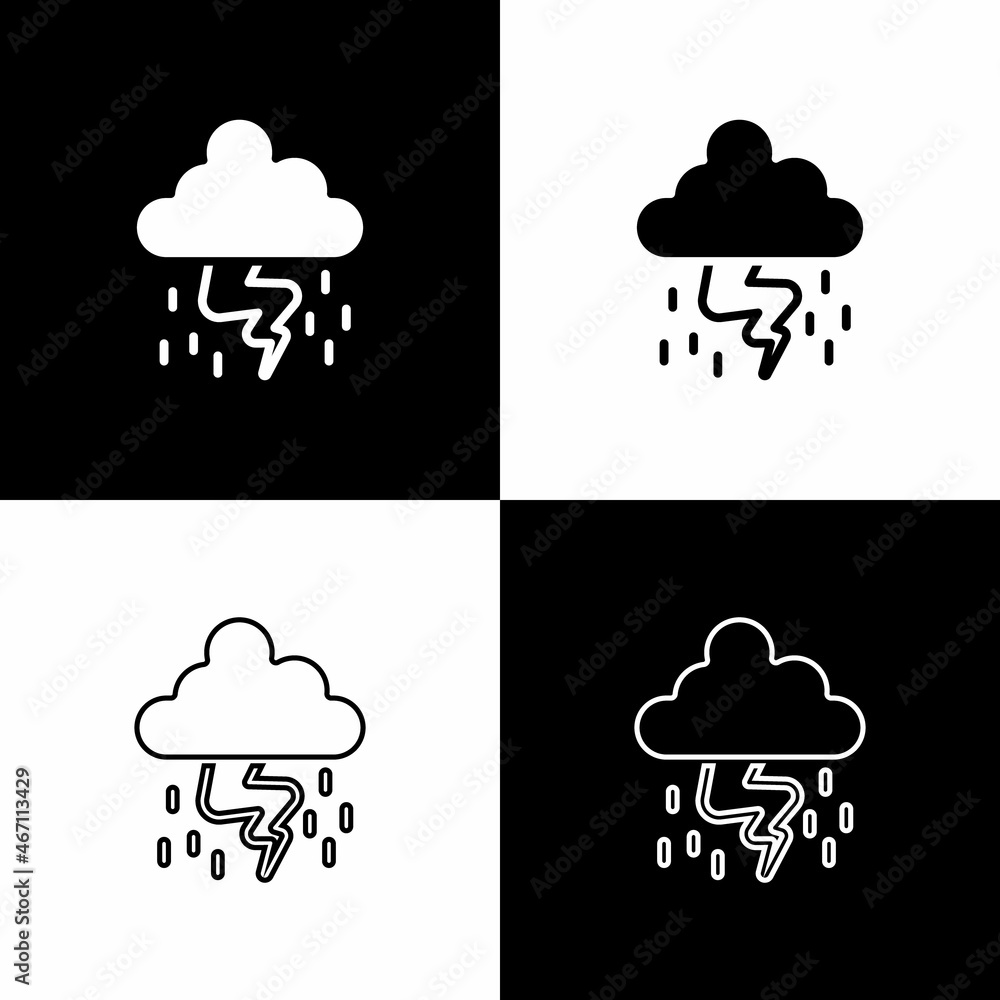 Set Storm icon isolated on black and white background. Cloud and lightning sign. Weather icon of storm. Vector Set Storm icon isolated on black and white background. Cloud and lightning sign. Weather icon of storm. Vector
