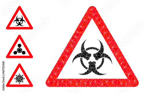 Low-poly biohazard warning icon, and bonus icons. Polygonal biohazard warning vector is constructed of scattered triangles. Flat geometric polygonal illustration based on biohazard warning icon.