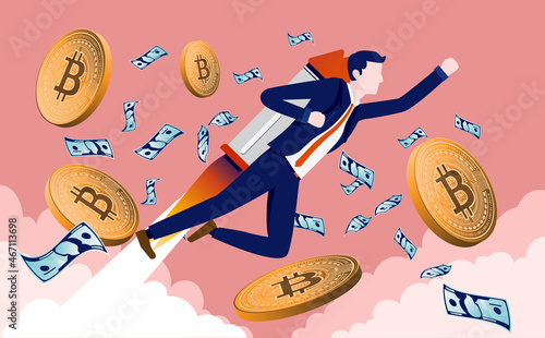 Successful bitcoin trader - Man with jetpack flying upwards with bitcoins to the sky. Crypto currency price and value increase concept. Vector illustration