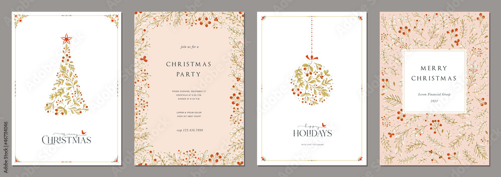 Corporate Holiday cards with Christmas tree and Christmas ornament, birds, floral modern frame, background and copy space. Universal artistic templates. - obrazy, fototapety, plakaty 