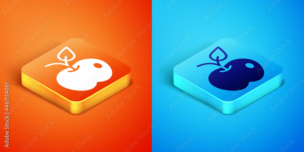 Isometric Apple icon isolated on orange and blue background. Excess weight. Healthy diet menu. Fitness diet apple. Vector