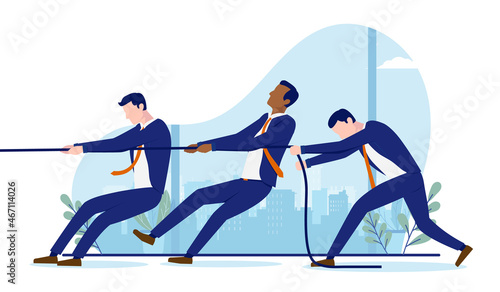 Business teamwork - Team of diverse businessmen pulling rope and working together. Flat design vector on white background