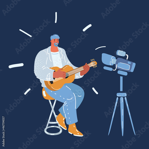 Vector illustration of guitarist make video for his chanel blog broadcast over dark background.