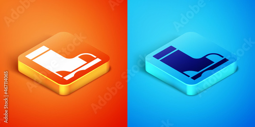 Isometric Waterproof rubber boot icon isolated on orange and blue background. Gumboots for rainy weather, fishing, gardening. Vector
