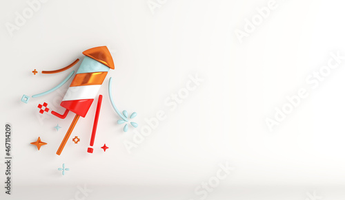 Firework rocket with confetti copy space text, happy new year decoration background, 3D rendering illustration