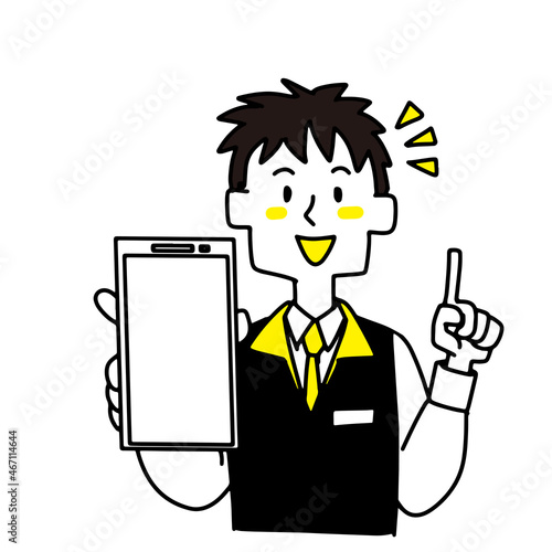 スマホを見せて説明する家電量販店の店員