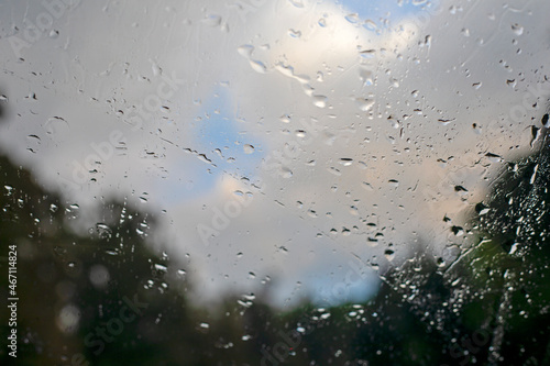 abstract blurred background of raindrops on glass, horizontal