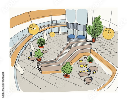 Modern interior shopping center, mall. Top view. Colorful sketch illustration.