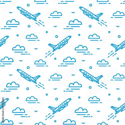 Modern seamless pattern with airplane flying in sky. Backdrop with plane ascending among clouds drawn with lines. Vector illustration in lineart style for wallpaper, wrapping paper, textile print.