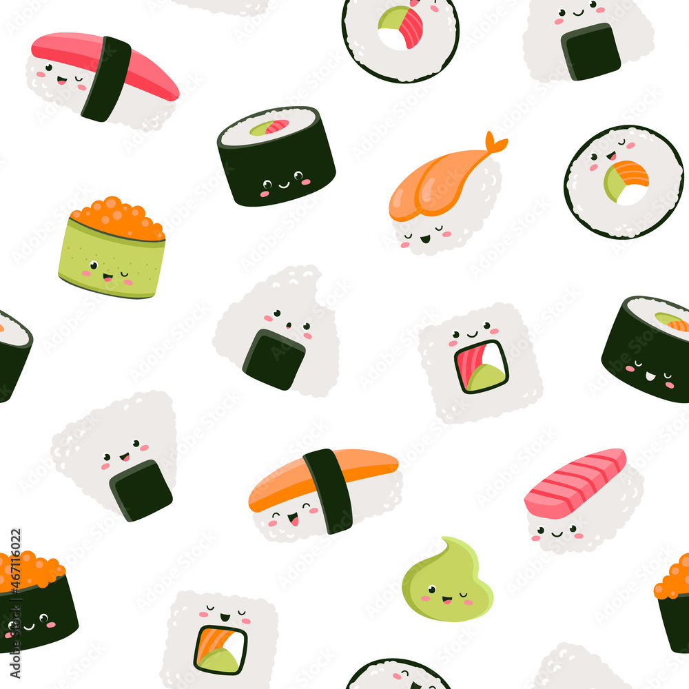 Vector seamless pattern with rolls and sushi. Cute design for fabric, paper, wallpaper.