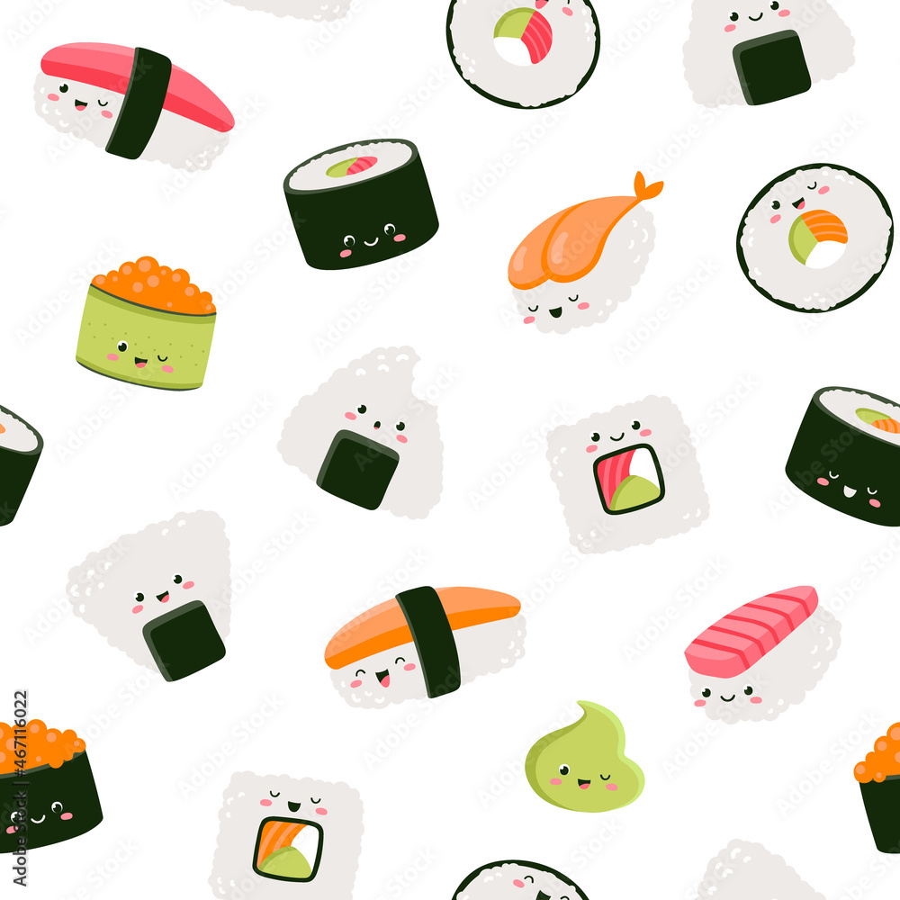 Fototapeta premium Vector seamless pattern with rolls and sushi. Cute design for fabric, paper, wallpaper.