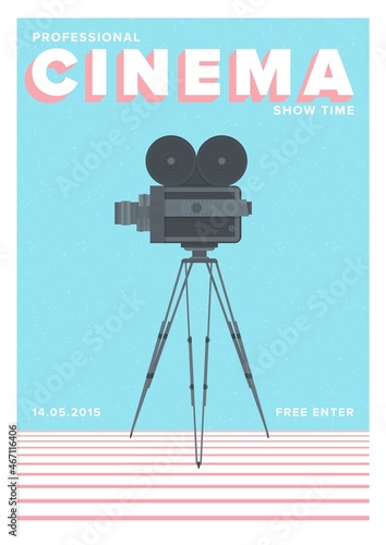 Creative poster, flyer or invitation template for professional cinema show time or motion picture premiere with old film camera standing on tripod. Colorful vector illustration for event promotion
