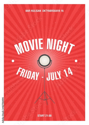 Modern poster, placard or invitation template for movie night or motion picture demonstration with glowing spotlight standing on tripod. Vector illustration for cinematography event advertisement