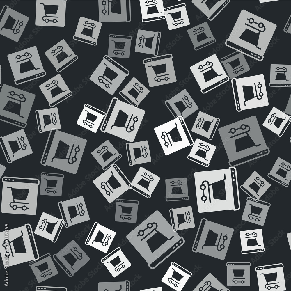 Grey Online shopping on screen icon isolated seamless pattern on black background. Concept e-commerce, e-business, online business marketing. Vector