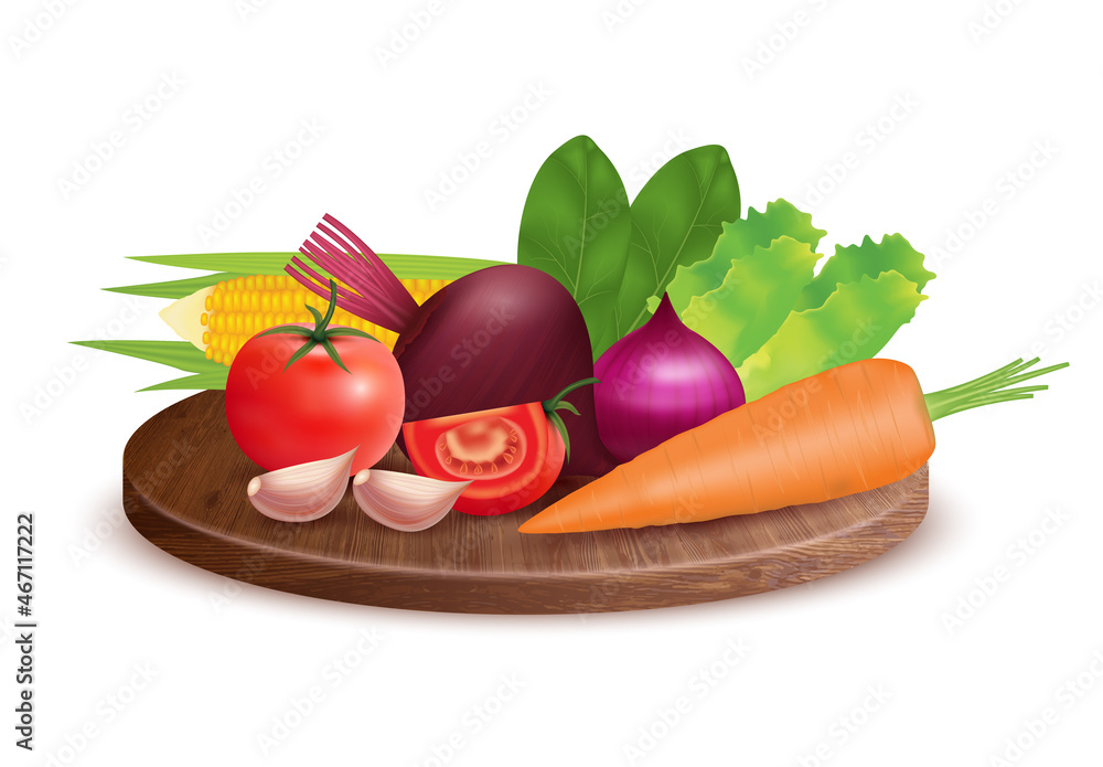 Fresh organic vegetables on wooden plate. Ingredients of herbs tomato, pepper, onion, garlic and lime. Cooking ingredients healthy nutrition natural food concept. Realistic 3d vector illustration.