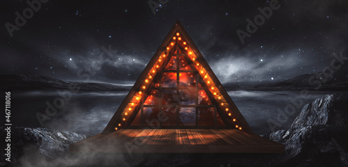 Night fantasy landscape with abstract mountains and island on the water, wooden house on the shore, moonlight, fog, night lamp. 3D 