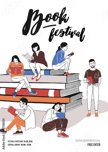 Group of young people dressed in trendy clothing sitting on pile of giant books or beside it and reading. Colored vector illustration for literary or writers festival advertisement, promotion