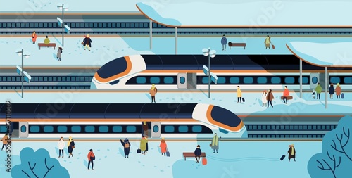 Modern high speed trains stopped at railway station and people standing and walking on platform covered by snow. Passenger rail transport, railroad transportation. Colorful flat vector illustration