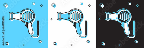 Set Hair dryer icon isolated on blue and white, black background. Hairdryer sign. Hair drying symbol. Blowing hot air. Vector
