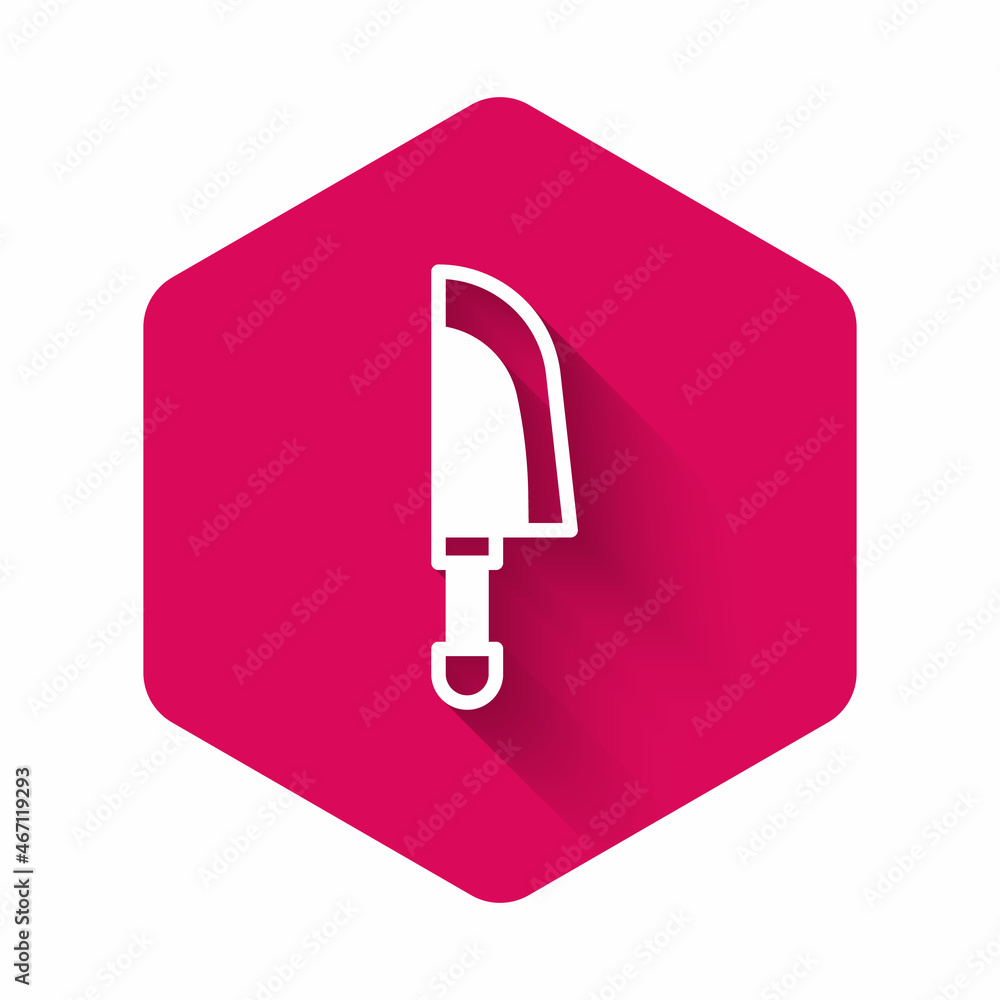 White Knife icon isolated with long shadow background. Cutlery symbol. Pink hexagon button. Vector White Knife icon isolated with long shadow background. Cutlery symbol. Pink hexagon button. Vector