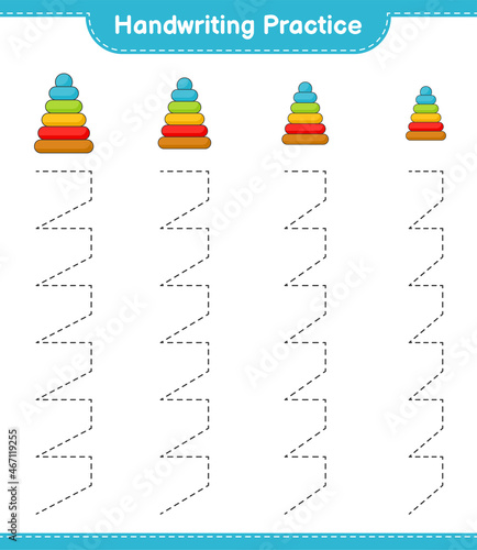 Handwriting practice. Tracing lines of Pyramid Toy. Educational children game, printable worksheet, vector illustration