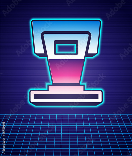 Retro style Stage stand or debate podium rostrum icon isolated futuristic landscape background. Conference speech tribune. 80s fashion party. Vector