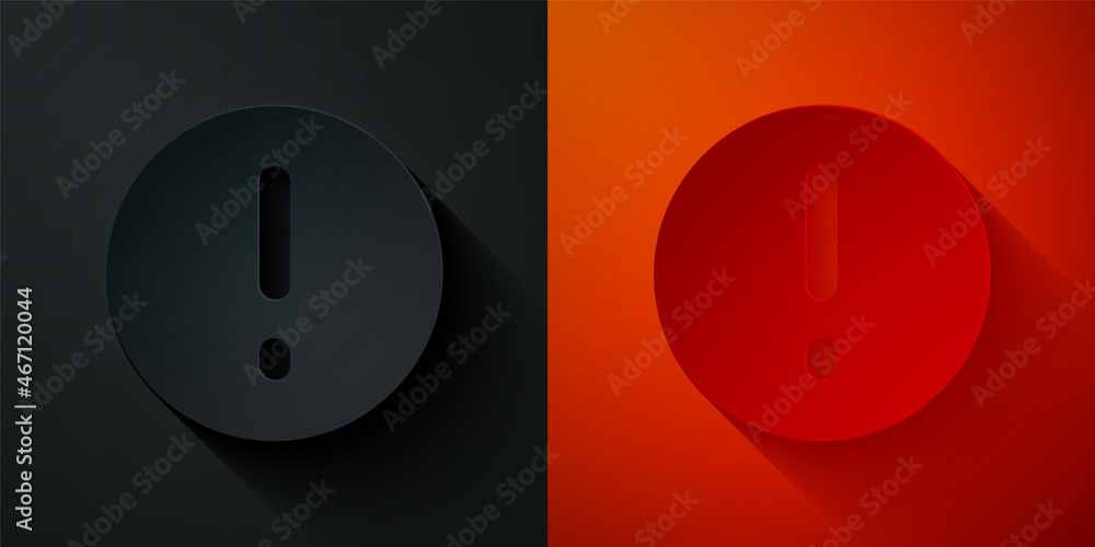 Paper cut Speech bubble and Exclamation icon isolated on black and red background. FAQ sign. Copy files, chat speech bubble and chart. Paper art style. Vector Paper cut Speech bubble and Exclamation icon isolated on black and red background. FAQ sign. Copy files, chat speech bubble and chart. Paper art style. Vector